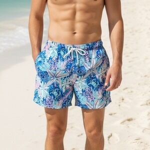Simply Southern Mens‎ Seersucker Reef Swim Trunks Blue Pink Starfish Small NEW